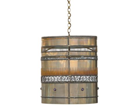 A steel and pierced four light ceiling light,c.1970,Of oval cylindrical form, with pierced sides, mounted with purple cabocho