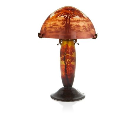 D'Argental (French), a cameo glass table lamp and shade,c.1920, signed in relief on the base 'D'Argental',The domed shade and
