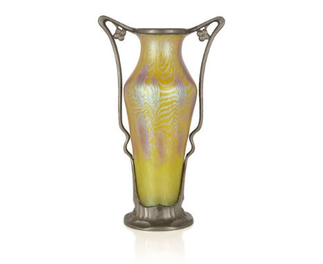 Loetz (Austrian), an iridescent Phaenomen glass and pewter mounted vase,Introduced 1903, PG 3/430, ground out pontil, pewter 