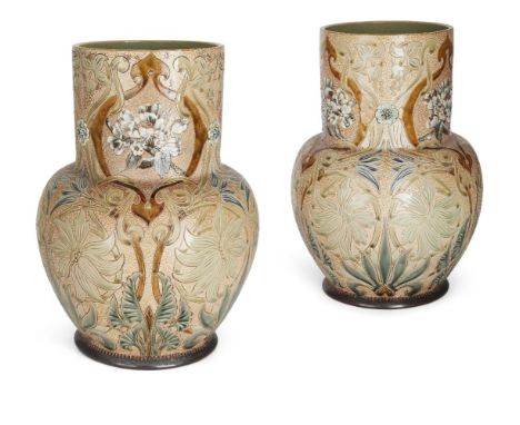 Louisa E Edwards (British Fl.1873-1890), a pair of large Doulton Lambeth stoneware vases with pâte-sur-pâte and incised decor