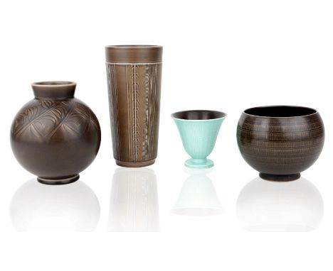 Nils Thorsson (Danish 1898-1975), a group of four 'Alumnia' earthenware vases for Royal Copenhagen,c.1930-1960, printed manuf