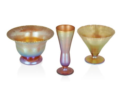 WMF (German), a group of three 'Myra' iridescent glass vases,c.1930, solifleur has original WMF paper label, Comprising:- a v