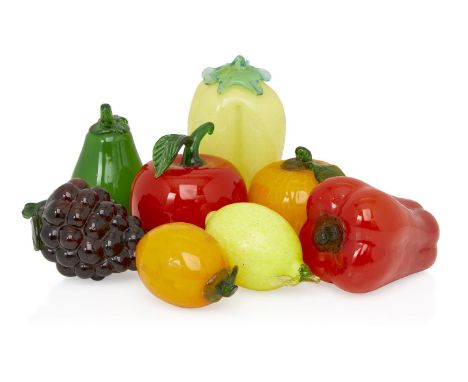 Murano glass fruit and vegetables,Second half twentieth Century,Hand blown, comprising eight pieces, an apple, a lemon, an or