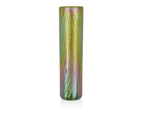 Loetz (Austrian), an iridescent unidentified Phaenomen 'decor' vase,c.1900,The forest green cylindrical glass vase blown from