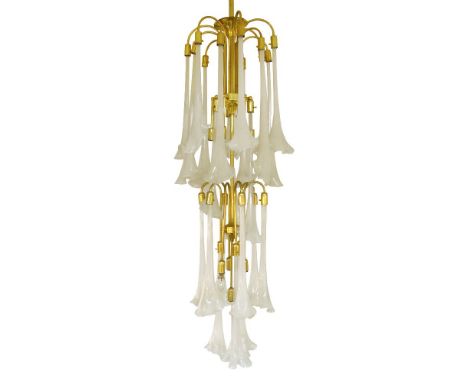 Amendment - Please Note - this lot comes with additional glass tulipsA large Murano glass and brass ceiling light,c.1970,With