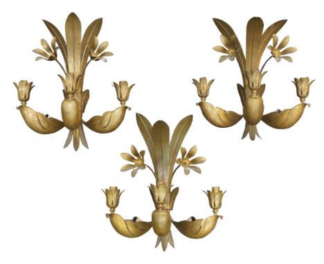 A set of three French water gilded wall lights,c.1960,Each with three light fixtures and with floral motifs,Each 49cm high (3