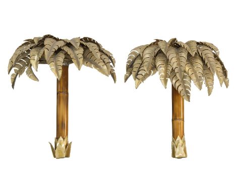 Maison Jansen (French), a pair of brass and bamboo palm tree wall lights,c.1970,Each with two light fixtures, modelled as pal