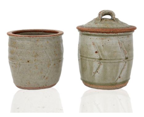 Richard Batterham (British 1936-2021), a stoneware jar and cover,c.1980,Of tapered cylindrical form, the cover with applied l