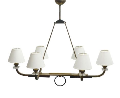 Attributed to Jacques Adnet (French 1900-1984), a six light brass and gunmetal chandelier,c.1960, With six upward curved bras