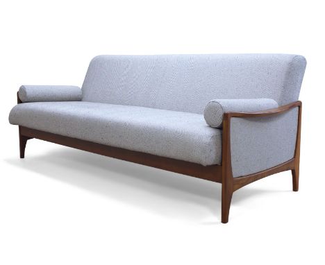 G plan (British), a teak framed sofa / daybed,c.1960,Upholstered in black and white flecked herringbone pattern fabric, with 