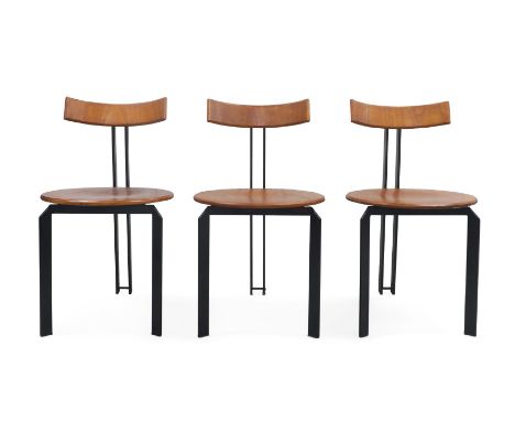 Martin Haksteen (Dutch), a set of six ‘Zeta’ chairs for Harvink, c.1980,The black steel frames with curved stained beech back