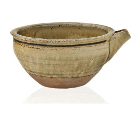 Richard Batterham (British 1936-2021), a stoneware pouring bowl,c.1980,A stoneware pouring bowl, in green ash glaze covered t