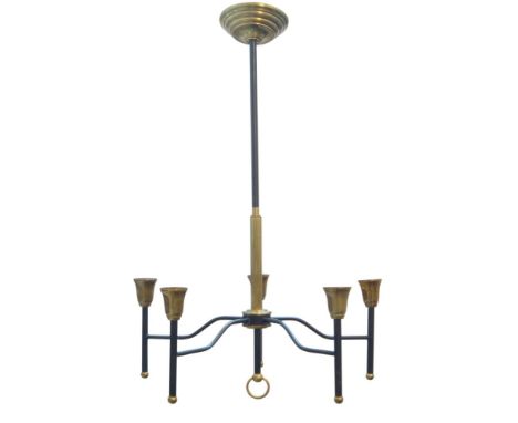 A French brass and black enamelled five light chandelier,c.1950,The central brass and black enamelled stem with curved arms t