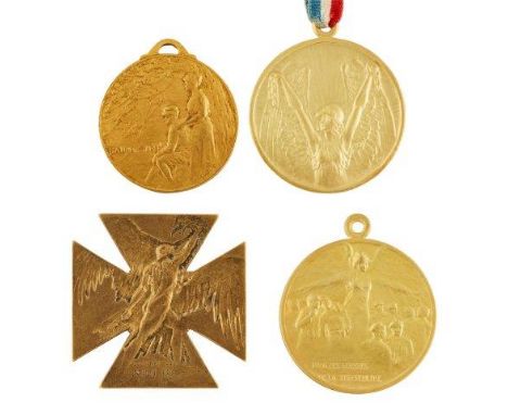 René Lalique (French 1860-1945), four gilt-metal WWI (1914-1918) fund raising medals,c.1914-1918, 'Poilu' brooch and 'Prisone