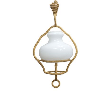 In the manner of Adrien Audoux & Frida Minet (French), a rope ceiling light,c.1960,With shaped white glass shade on rope and 