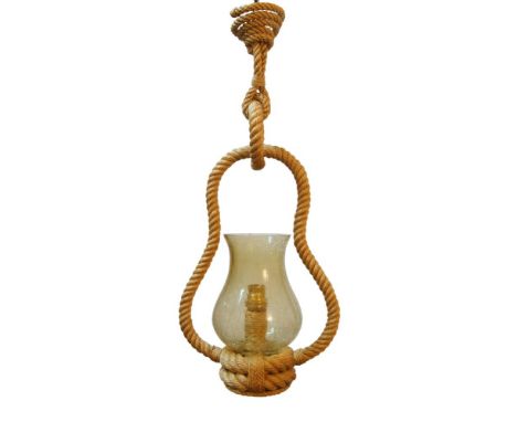 In the manner of Adrien Audoux & Frida Minet (French), a rope ceiling light,c.1960,The light fitting with yellow crackle glas