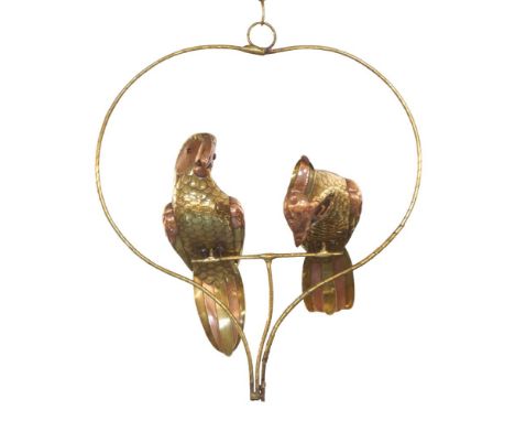Sergio Bustamente (Mexican b.1949), a brass and copper  hanging sculpture of a pair of parrots,c.1960, Modelled as two parrot