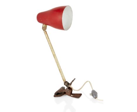 Giuseppe Ostuni (Italian), a desk lamp for Oluce,c.1950,With domed adjustable red enamelled shade, on brass stem terminating 