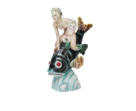 Giovanni Ronzan (Italian 1906-1974), an Italian earthenware group of a mermaid and mer-boy,c.1940, printed marks to underside