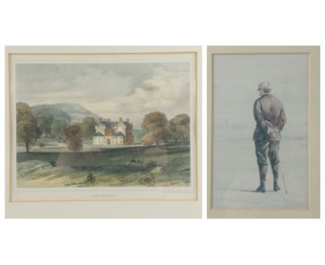 Two vintage prints, the first of a golfer, initialled TH 1885 (possibly St Andrews) frame 30x25cm, visible work 13x9cm, the s