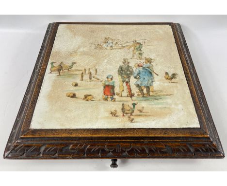 A vintage TEAPOT STAND with a pull bell to call for further refreshments, the stand has a (21x21cm) ceramic tile depicting Vi
