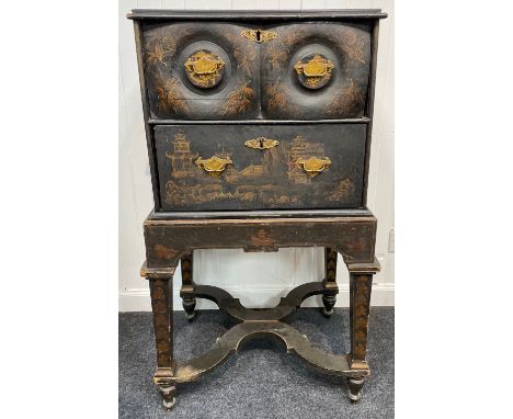 FABULOUS PATINA! A CHINESE c18th century antique lacquer two drawer cabinet raised on four leg supports- beautiful feature bu