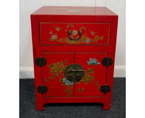 ORIENTAL decorative red and gold traditional floral design lacquered red based two door and one drawer small table top -cabin