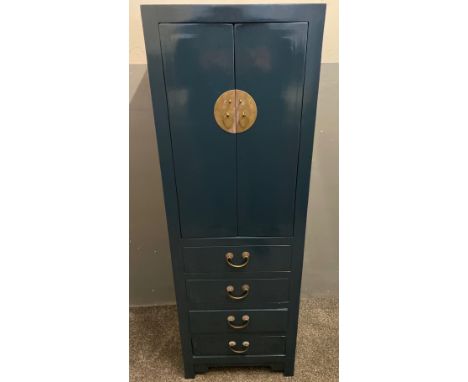 ORIENTAL decorative blue- distressed traditional design lacquered blue based two door and four drawer tall cabinet - new came