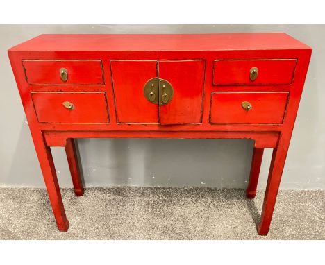 ORIENTAL decorative red and black traditional design lacquered red based two door and two drawer side cabinet - new still in 