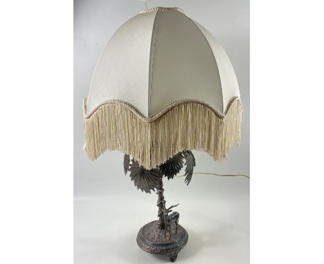 A VINTAGE WMF EP stamped white metal feature table lamp with shade  depicting a SCOTTISH STAG with 11 point antlers, a tree s