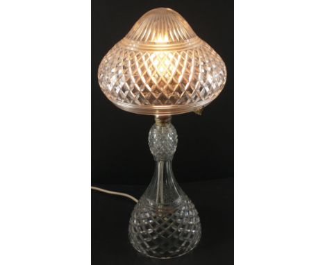 A VINTAGE cut-glass c1930's table lamp with cut-glass shade complete with flex and plug and light-bulb! - dimensions 46cm tal