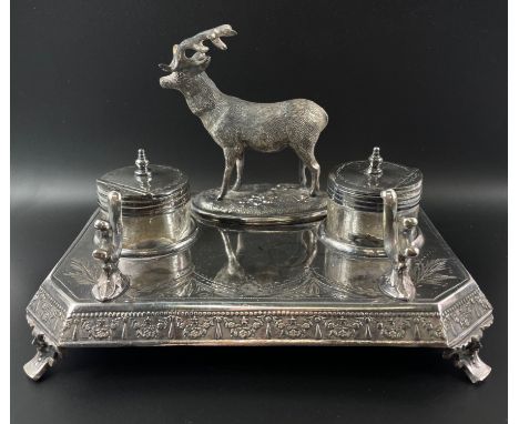 A STUNNING 1920's EP desk inkwell set by silversmith JD and S stamp - the stag antler has been damage repaired but intact wit