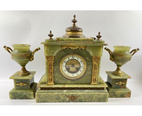 Large antique FRENCH ONYNX mantle clock with a pair of garnitures - stamped  F MARTIN PARIS 1900 clock ticking away quite hap