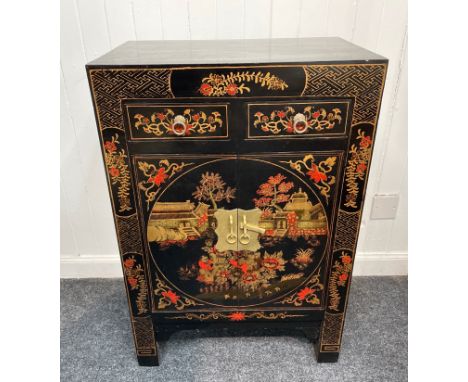 ORIENTAL decorative red and gold traditional design lacquered black based 2 door and two drawer side cabinet - unused item in