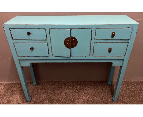 STATEMENT PIECE! An ORIENTAL pale blue distressed-painted lacquered medium sized four drawer and two door cupboard sideboard 