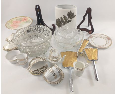 A mixed box to include 5 cut glass bowls, a hand-painted Tazza by M Needham (9cm tall), miniature tea set in white and with a