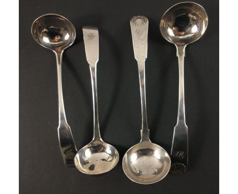 Two pairs of sauce ladles silver hallmarked, the first, with initials 'WP' being Edinburgh 1820 by silversmith George Fenwick