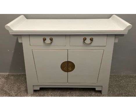 ORIENTAL decorative dove-white traditional design lacquered dove white/blue based two door and two drawer console cabinet - w