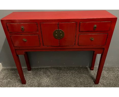 STATEMENT PIECE ! - An ORIENTAL HIGHLY decorative red based distressed-painted lacquered  large four drawer and two door cupb