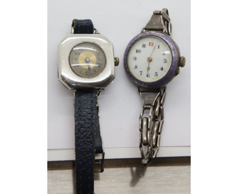 Two vintage silver ladies cocktail wristwatches, one with silver strap, one leather, both mechanical movements and appear to 