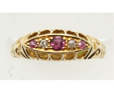 Victorian 18ct gold three stone ruby and diamond ring, size O, 2.0g. P&amp;P Group 1 (£14+VAT for the first lot and £1+VAT fo