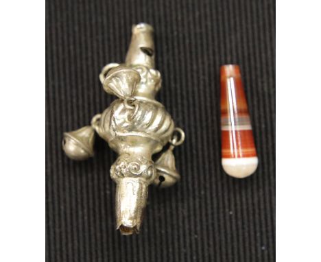 Victorian hallmarked silver infant's rattle with incorporated whistle, having a banded agate grip L: 8 cm, Birmingham assay 1