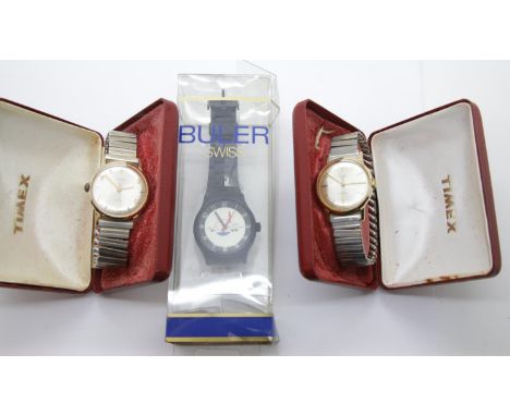 Two boxed Timex wristwatches and a Buler example.  P&P Group 1 (£14+VAT for the first lot and £1+VAT for subsequent lots)COND