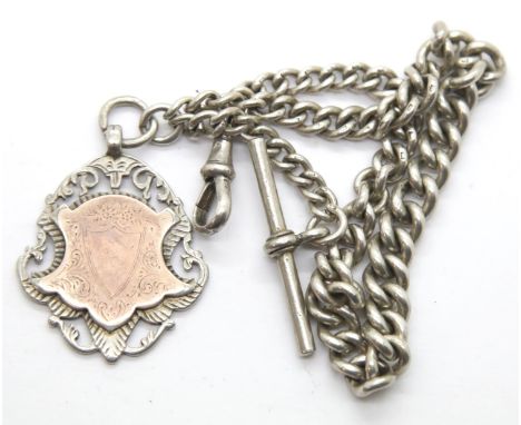 Hallmarked silver graduated single Albert watch chain having a silver fob with gilt cartouche and T-bar, 50.2g. P&amp;P Group