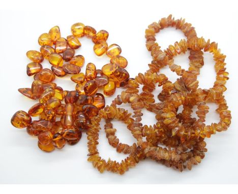 Two rough amber necklaces and a polished example.  P&amp;P Group 1 (£14+VAT for the first lot and £1+VAT for subsequent lots)