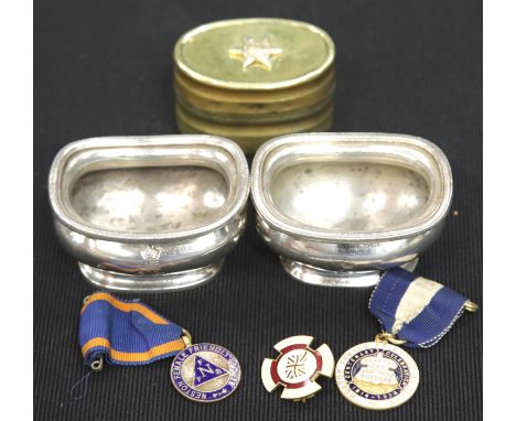 Cunard pair of Elkington Plate open salts with engraved crest, brass oval snuff box with a miniature Atlantic Star affixed to