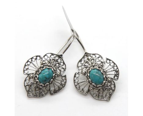 Vintage silver turquoise set filigree earrings. P&amp;P Group 1 (£14+VAT for the first lot and £1+VAT for subsequent lots) 