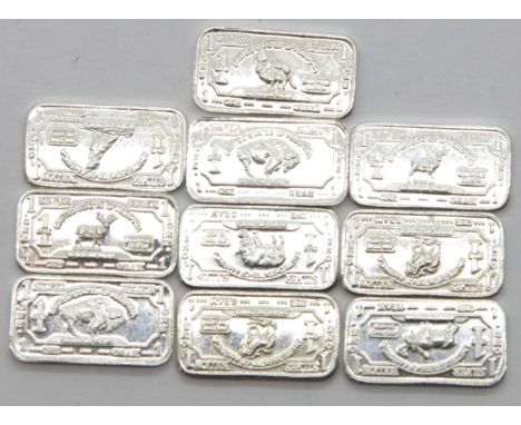 Ten 1g American fine silver dollar bill bars from the Wildlife Series. P&amp;P Group 1 (£14+VAT for the first lot and £1+VAT 