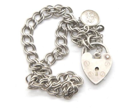 Silver double link curb bracelet for charms with heart shape clasp. P&amp;P Group 1 (£14+VAT for the first lot and £1+VAT for
