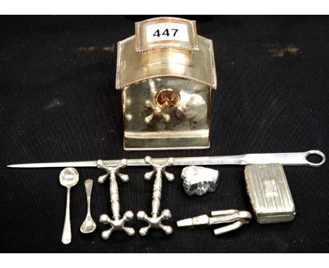 Silver plated 19thC dome top tea caddy, a pair of knife rests, meat skewer and other silver plate. P&amp;P Group 2 (£18+VAT f